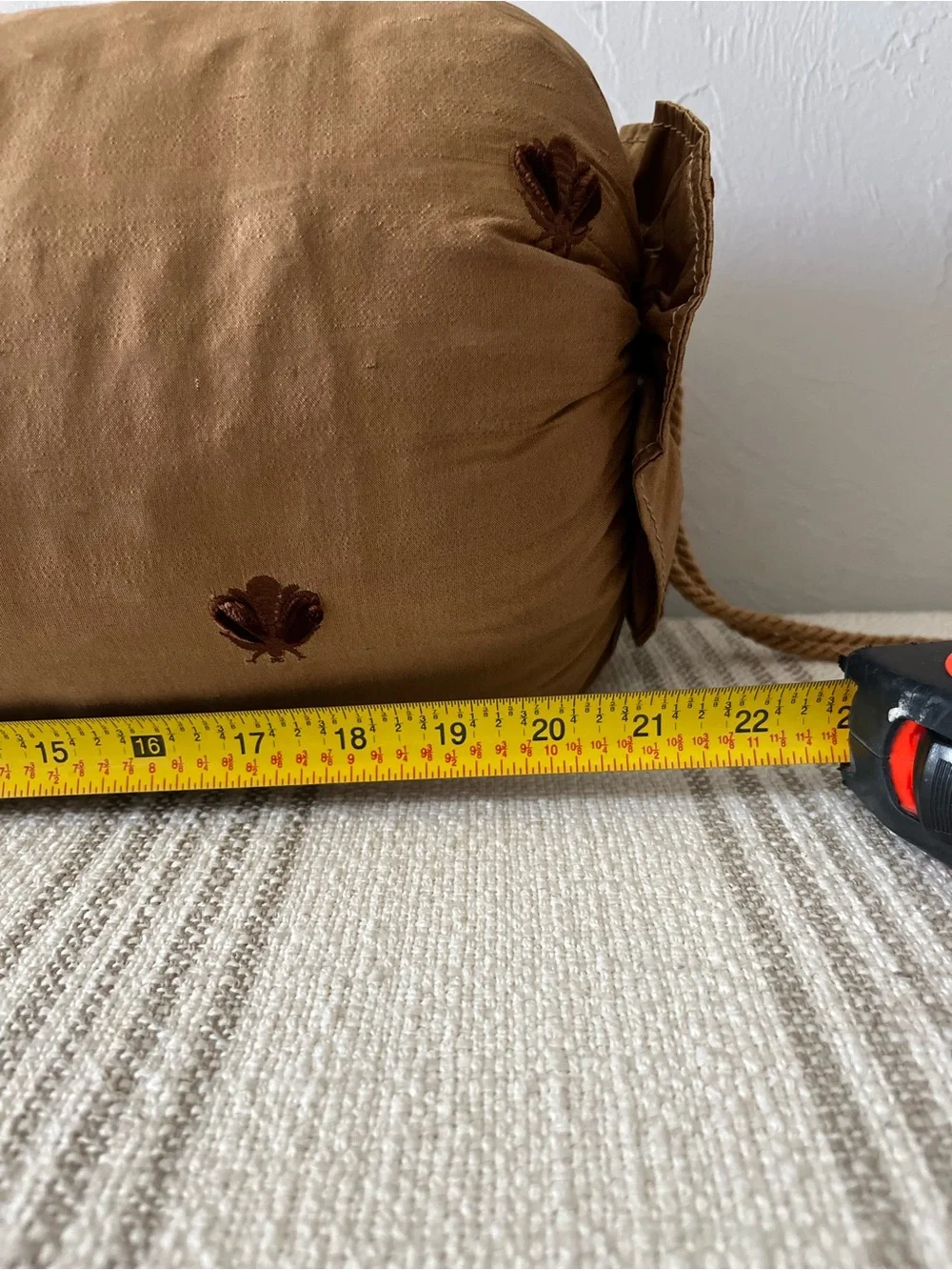 Tan/Brown Decorative Bolster Pillow with Embroidered Bee Accents